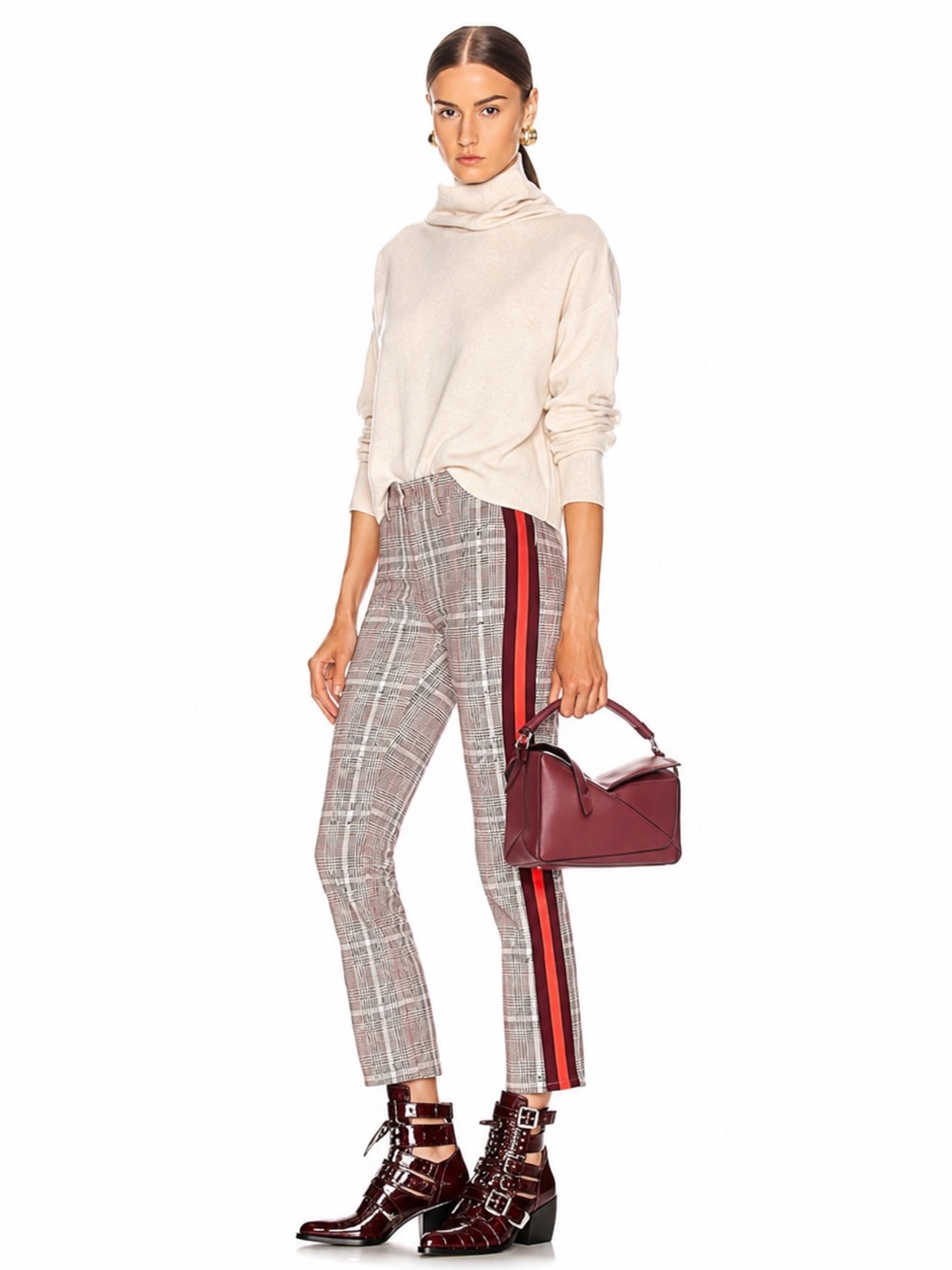 MOTHER Plaid Ankle Cropped Jeans with Red & Black Side Stripe